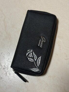 2/$20, GUESS Women’s Zip-around Wallet in Black with Silver-tone Embroider Rose